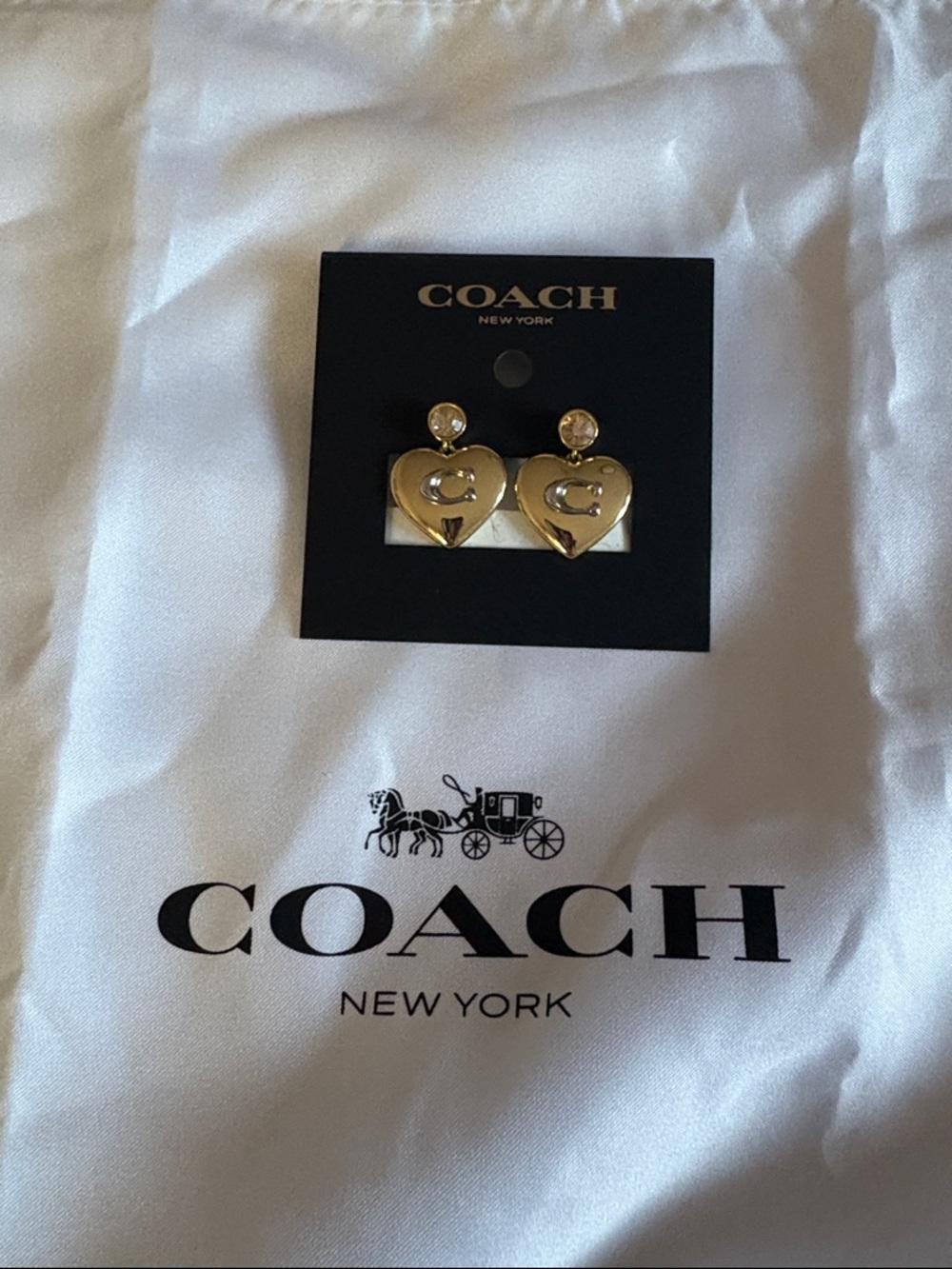 COACH Gold Heart Logo Drop Earrings with Crystal Studs